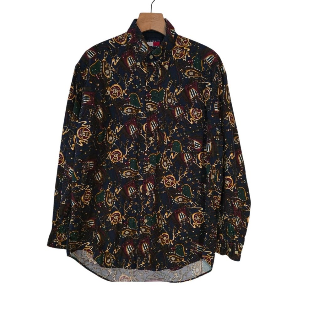 Vintage Tommy Hilfiger Equestrian‎ Print Shirt Western Saddle Horses Mens Small